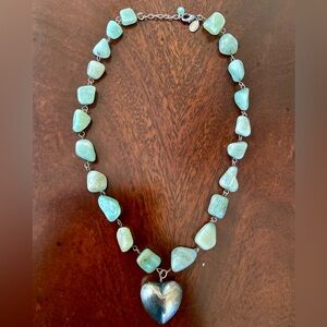 Express Necklace of Natural Larimar Stone Nuggets & Silver Tone Heart 1” Pendant